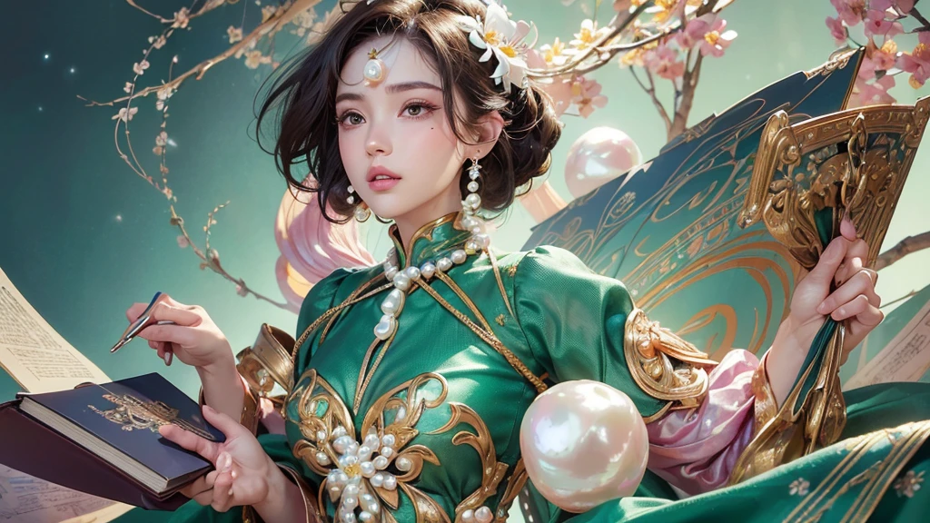 32K, 最高quality, 最高masterpiece, (ultra-Detailed Background, Detailed Background), High resolution, Super detailed, Very detailedな, 1 personの, (bouquet:1.3), (Tangled:1.2), (Geometric:1.2),(colorful),(masterpiece, quality, best quality, Official Art, Beautiful and beautiful:1.2), (1 person:1.3), Very detailed,(colorful:1.1)(Flowers:1.3),Most detailed,(Tangled:1.2), whole body, (Abstract background:1.3), (Skin glows), (Many colors:1.4), ,(Earrings Pearl:1.5), Light green background, It's imaginative., Brunette Hair, Updo, Holding a book, Holding a pen, Satin shirt,