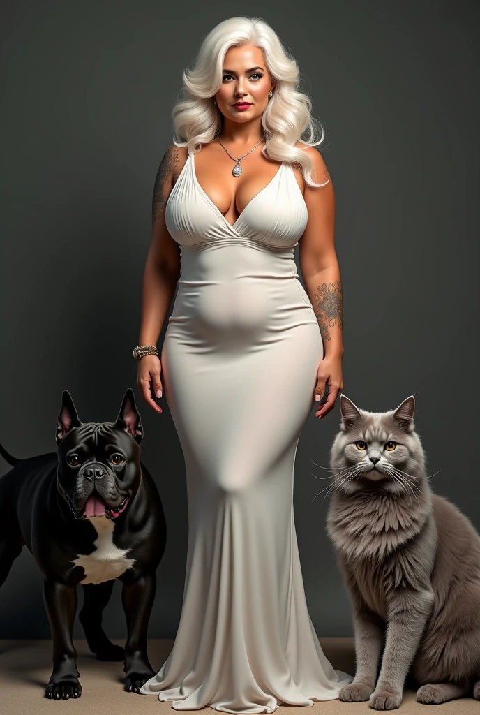 looking 60 years old, Beautiful and seductive curvy white MILF with big tits and big ass.,,,,,, , - , wearing a sheer white maxi dress that reveals her breasts, Surrounded by a black American bully with a white spot on the muzzle, a grey Persian cat and a European common cat