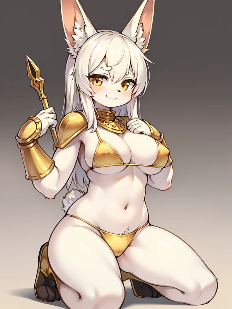 Busty female bunny,Fluffy white hair. Wearing simple and stylish golden bikini armor. . Kneeling and squatting,Full body portrait,Expression smile