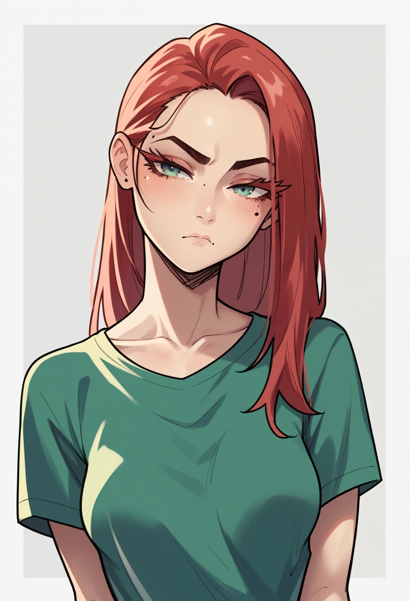 score_9, score_8_up, score_7_up, score_6_up, score_5_up, score_4_up, source_cartoon, rating_safe, by stopu4, 1girl, pale skin, beauty mark under one eye, pout, large eyelashes, green shirt, medium breasts, portrait, torso shot, long straight red hair,