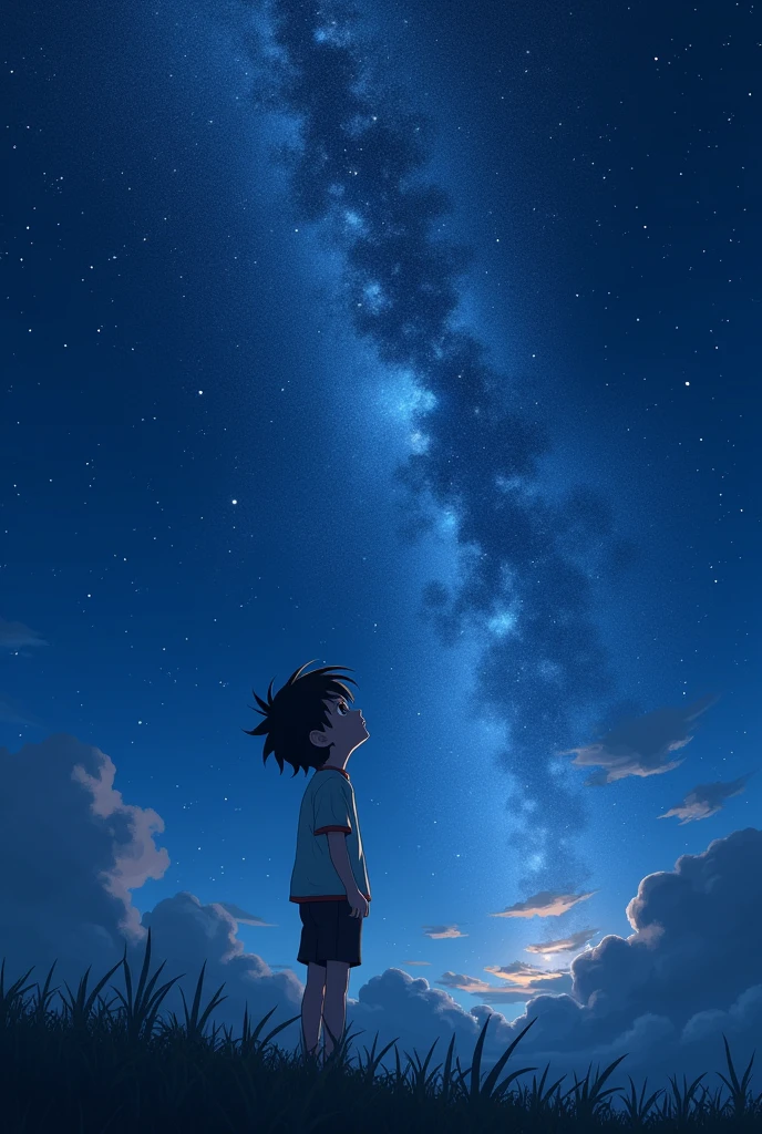 masutepiece, 4K, Anime boy looking at the sky, midnight sky, There are many stars in the sky, Beautiful sky, Beautiful boy, Night, Beautiful world, Dark