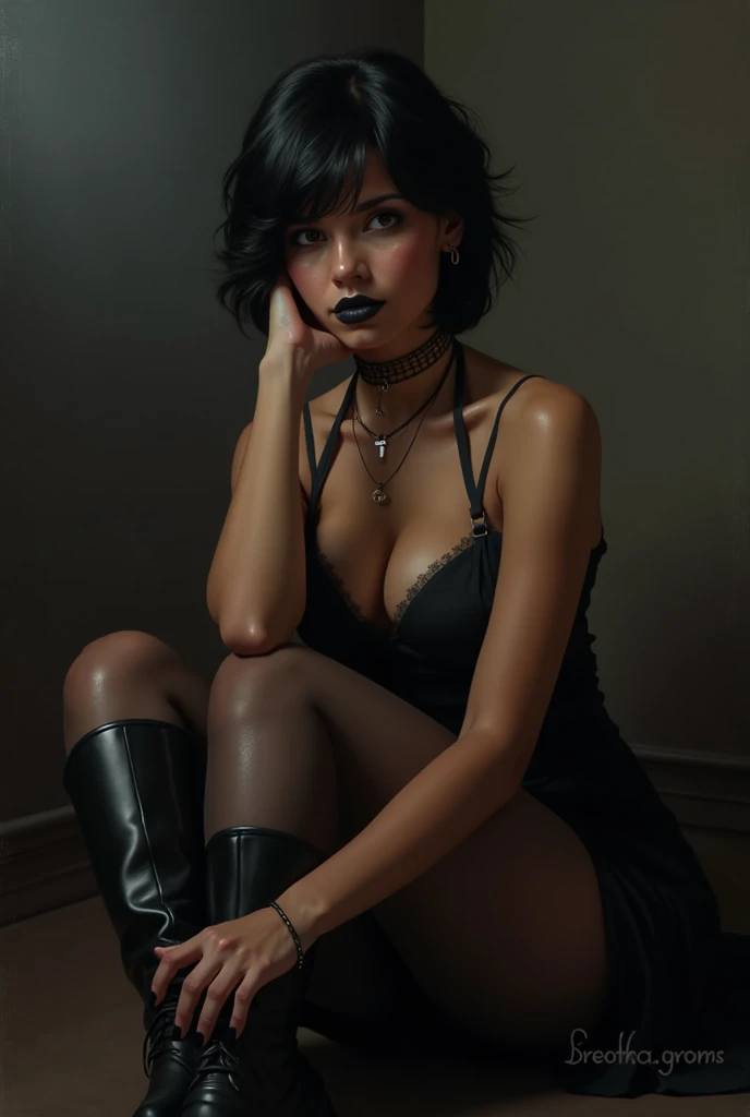 Latina_bronze skinned girl, , body view, black_short and tight dresses, black lipstick, black nail polish, black hair, gothic, goth, lowcut dress, black pantyhose, long legs, beutiful legs, black boots