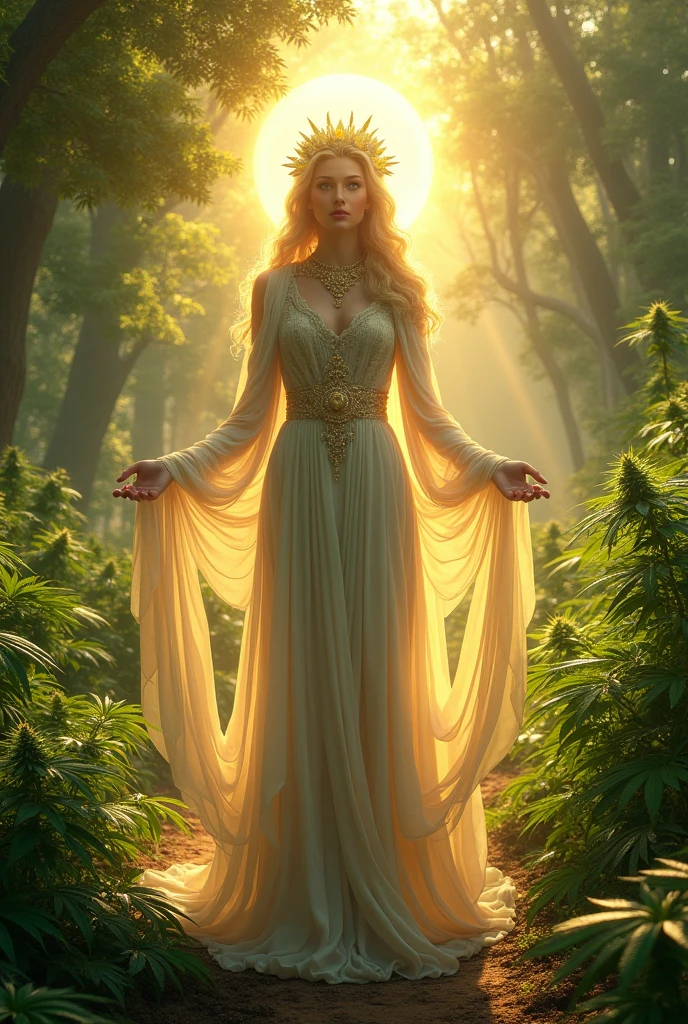 A female Goddess in a marijuana environment park