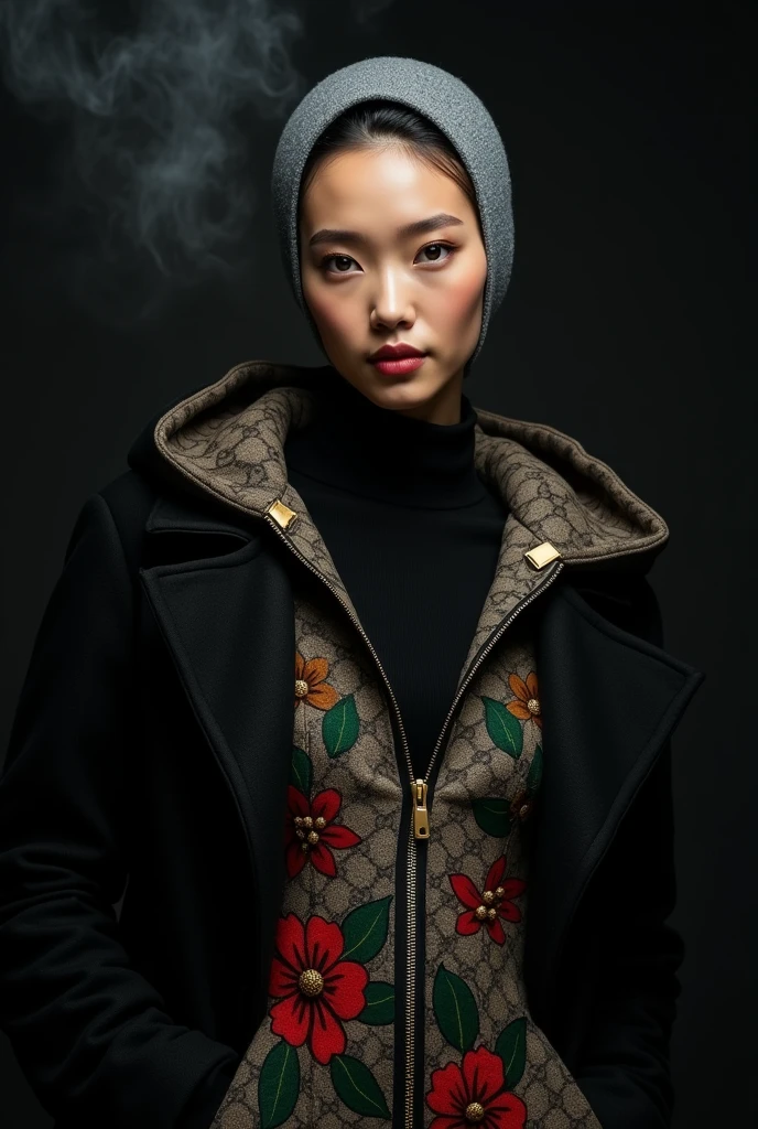 beautiful tanned japanese woman, ((grey hijab)) ((headscarf)) ((no hair, no hair)) wearing a designer black glittery cashmere coat, with a Gucci motif inner lining accent, and a hoodie with a green, red and gold floral pattern. and black fabric turtle neck loose satin dress, gold zipper, thick eyebrows, photorealistic, masterpiece, moncler, ((grey hijab)), open coat, lips pouting, pouts, void black background with smokes and nice lighting