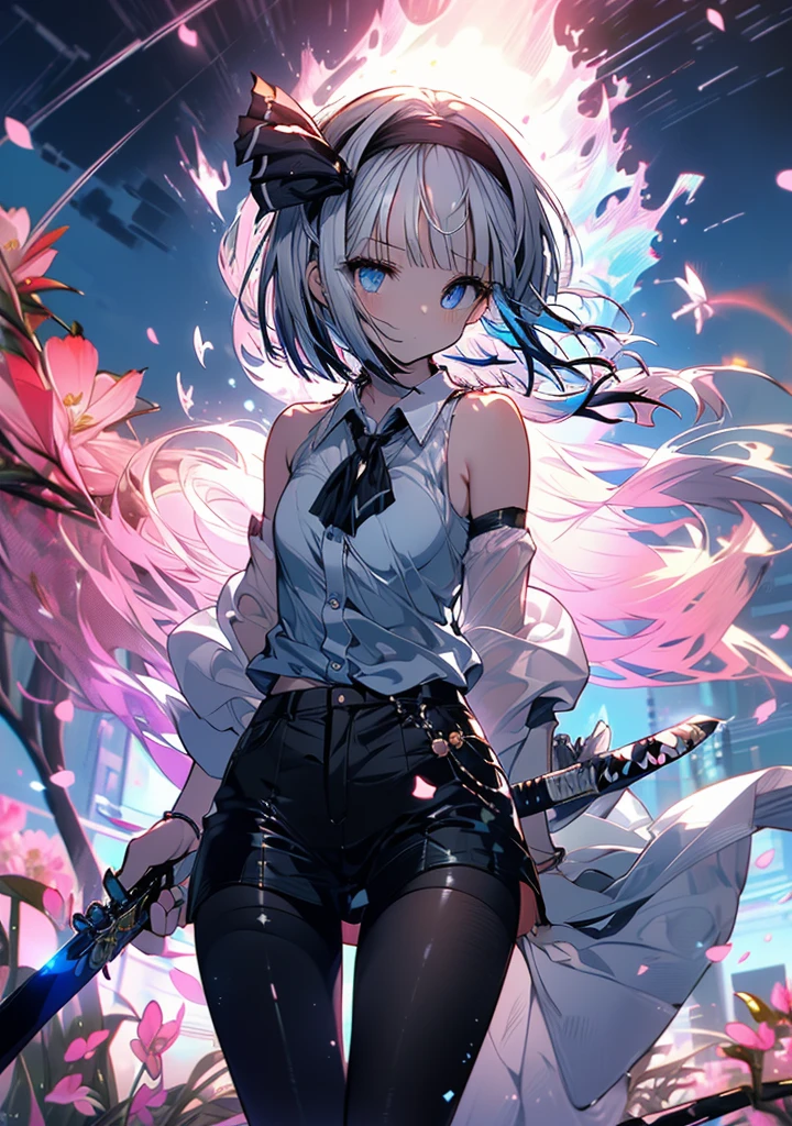 ((((Awakening)))),(((Highest quality))),((((Aura overflowing)))),(shape),(Dynamic Angle), ((Oriental Project)),((Disheveled Hair)), (((A slim body))),(((Use your sword skills))), ((girl wearing black tights)), (((View from the front))),((Beautifully detailed body)),((Shoulders are exposed)),(((Mysterious and sparkling blue eyes)))Gray Hair,((long hair with stripes)), Beautiful attention to detail,(Gradient color eyes),(((Delicate eyes))), (((background))),(((High saturation))),(((konpaku youmu))),(((In front of the cherry blossoms at night))