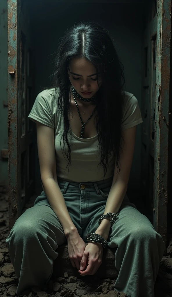 A 30 YOgirl sitting in dull clothes, sad, her both hands cuffed and bound by shackles and chains, a collar in her neck. The girl is sitting in a small black rusted cage
