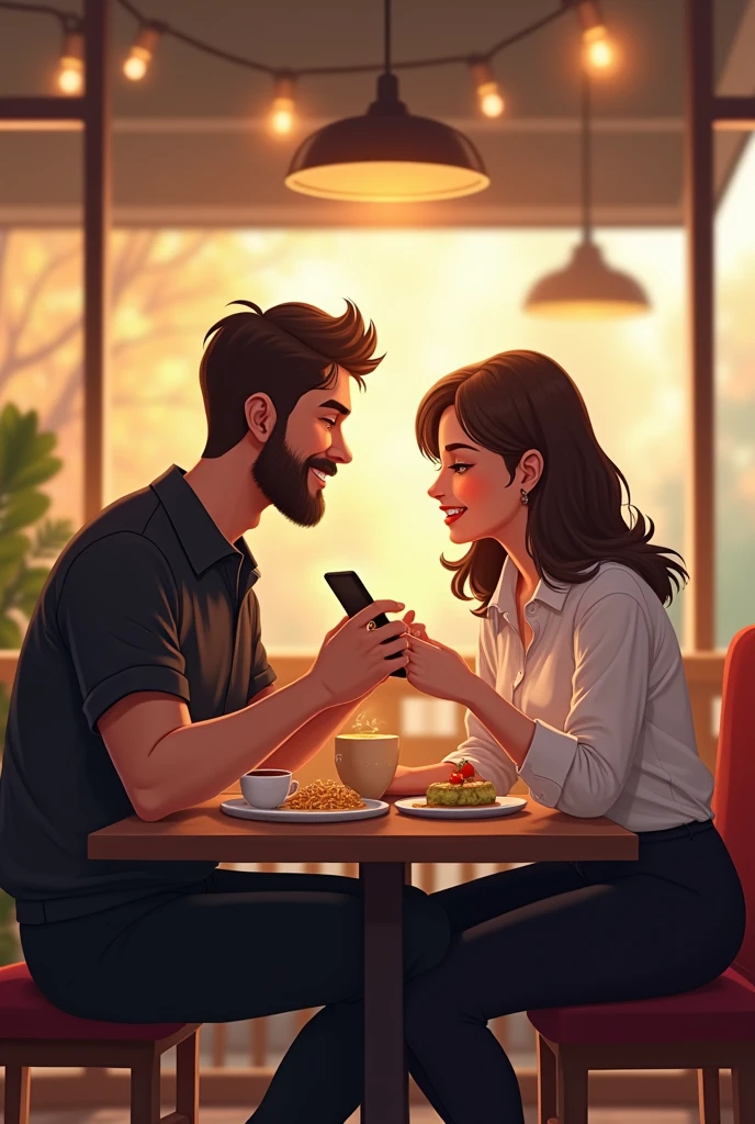 Make a image. In a work at cafe a barista boy wearing black shirt pant a little bit healthy boy with beard and a steward captain girl wearing a white shirt and black pant fall in Love which each other in doing job both are little more faty sit in last table staring at each other while having coffee and noodles and biscuits and paneer wrap make a romantic scenes pic ..both of they are watching a movie on one mobile and cute laugh .sit on same table