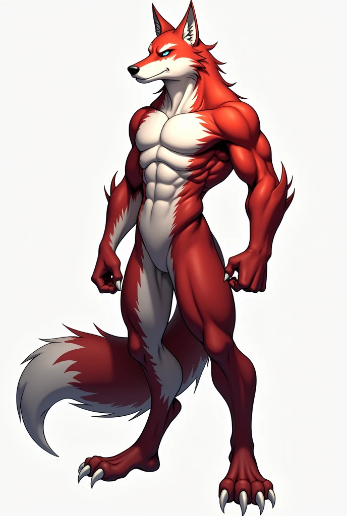 ((solo, full body perspective, side perspective)), male, anthro, ((wolf-face, digitigrade, four toes, muscled body, two-tone fur, red and white furred body, arms at side, white claws)), calm expression, blue eyes,
