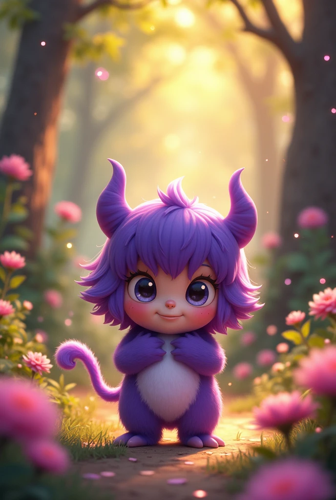 Cute little hero protects cute little purple haired monster