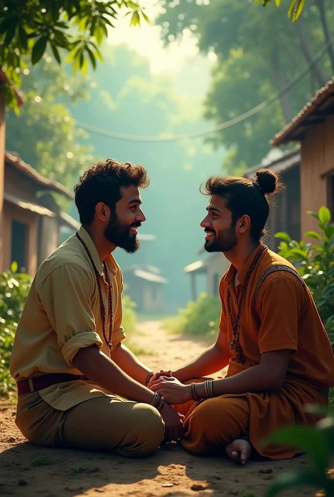 A reflective scene showing Ali and Rakesh sitting together, smiling and talking about their experience. The background shows the jungle in the distance and their village in the foreground, symbolizing the bond strengthened by their adventure.
