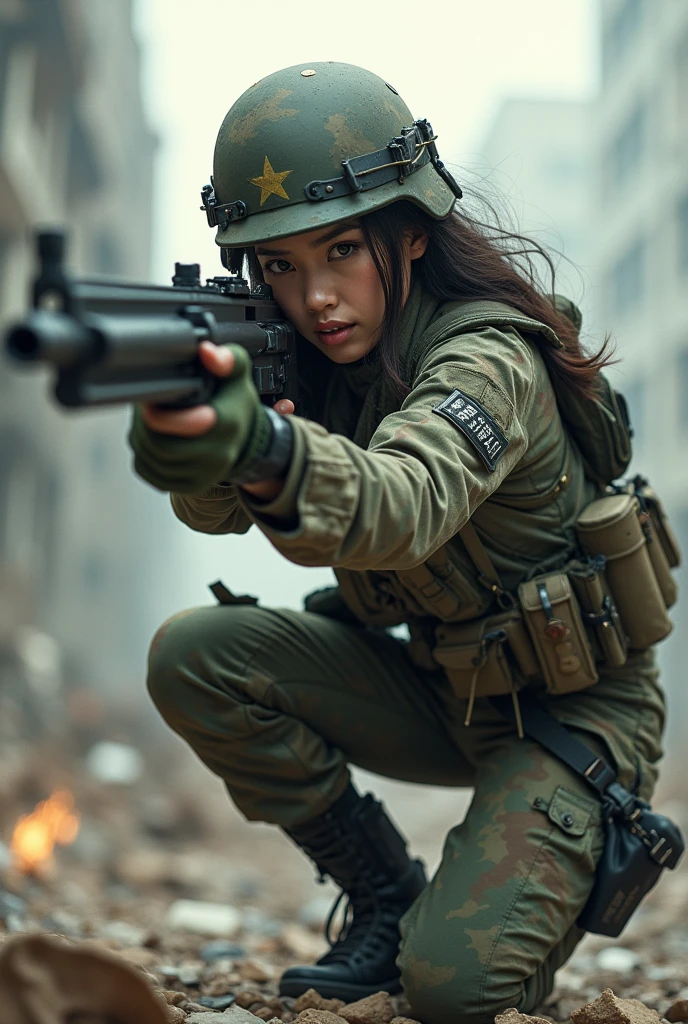 Photo-realistic, ultra-realistic, very beautiful Japanese, famous Japanese idol, (Fully equipped for battle:1.5), holding m4a1 large assault rifle, (amazing view of A building destroyed by a missile explosion:1), (she is very scared and crying:1), (wearing an army soldier's Camouflage outfits with military helmet:1.5), (at a battle field of Abandoned Building at night), very large breasts, (tactical vest, military harness:1.3), (military long boots:1), acrobatic pose, Fighting urban warfare, dynamic angle, spectacular, Nimble movements, Sharp turns, (aim and shoot:1.3)