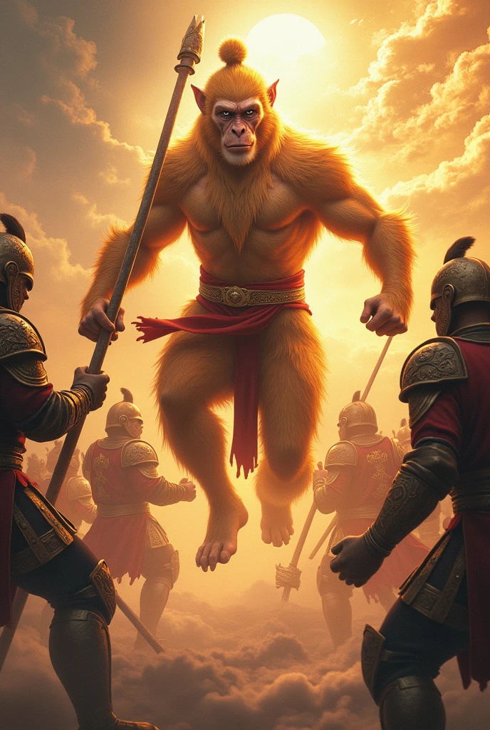 Sun Wukong confronting Heavenly soldiers, intense atmosphere, showcasing strength