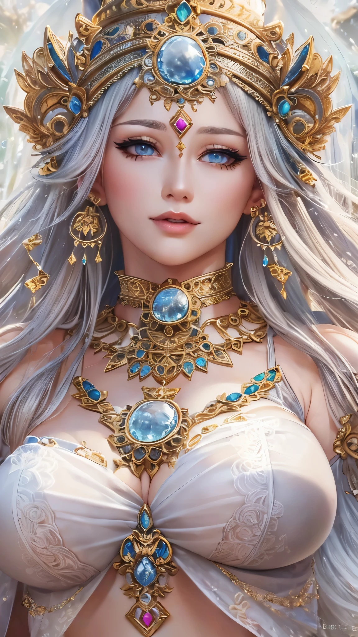 ((Highest quality)),(Ultra-high resolution),(Super detailed),(Detailed Description),((The best CG)),(masterpiece),Highly detailed art,(Art with precise detail:1.5), (woman:1.6)),(Beautiful and well-proportioned face:1.5, makeup:1.2),(Big Breasts:1.7, Big cleavage:1.6),(gem, Precious metals),(slim:1.3)