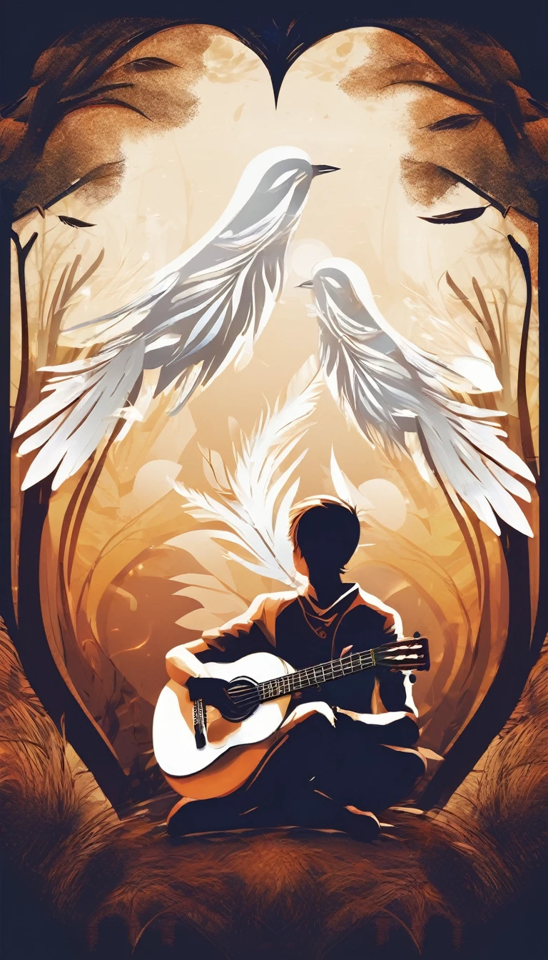 Create a cinematic, abstract symbol for a storytelling production brand based on stories and dreams called " Penamemoria". The logo should convey a fantasy theme and include the company of a boy and a feather. Fantastic, memorable, poetic, dreamy, boy sitting against a tree and playing guitar to a fantastic, unique, poetic white feather.