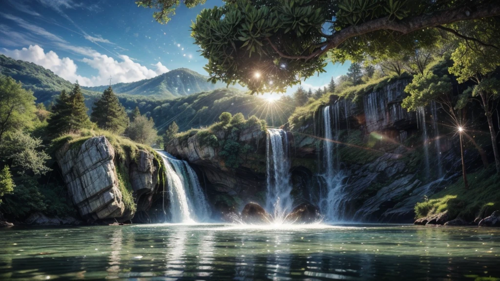 (logo、amazing、8K、table top、Raw photo、amazing、最high quality、フォトリアリスティックかつvery detailed、CG、high quality、very detailed、story poem、Particle Effects、Dynamic Effects、Text Boundary Depth、Cinematic Light、Lens flare、ray tracing、tabletop、real、ultra hd、fantasy）、beautiful water、splash of water、flow of water、Water swell、fantastic beauty、透き通ったgreenい水の美しさと輝き、The tranquility and beauty of water、wonderfulWind景、Beautiful natural water、green、Wind、wonder、wonderful