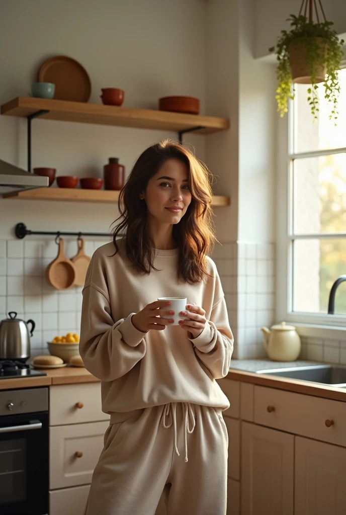 The young brunette woman in her twenties is in a modern and bright kitchen. She is wearing a beige wool sweater and comfortable jogging pants. Her shoulder-length hair is down and slightly messy, as if she had just gotten up. She is standing at a marble counter, holding a cup of coffee in her hand, and looking into the lens of her smartphone with a slight smile. The kitchen is equipped with stainless steel appliances, with open shelves holding colorful mugs and bowls. Hanging plants add a touch of greenery to the background, while morning light streams in through a large window, softly illuminating the room.