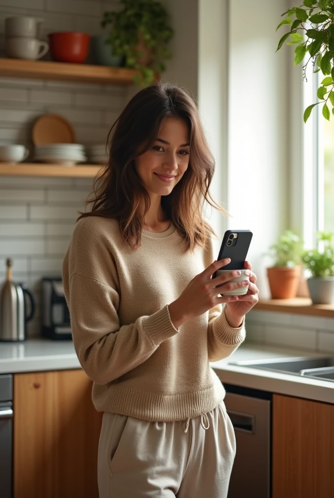 The young brunette woman in her twenties is in a modern and bright kitchen. She is wearing a beige wool sweater and comfortable jogging pants. Her shoulder-length hair is down and slightly messy, as if she had just gotten up. She is standing at a marble counter, holding a cup of coffee in her hand, and looking into the lens of her smartphone with a slight smile. The kitchen is equipped with stainless steel appliances, with open shelves holding colorful mugs and bowls. Hanging plants add a touch of greenery to the background, while morning light streams in through a large window, softly illuminating the room.
