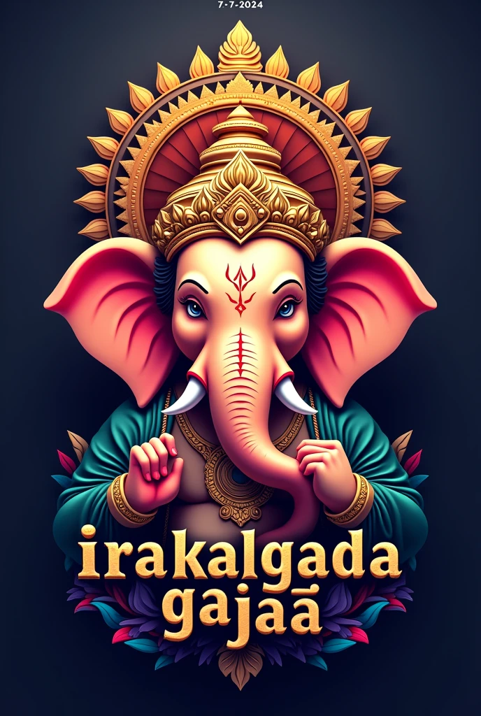 use
 colourful hd imege  Ganesh photo and make a logo with using Irakalgada gajaa text 
and use date 7-9-2024 in top of image


