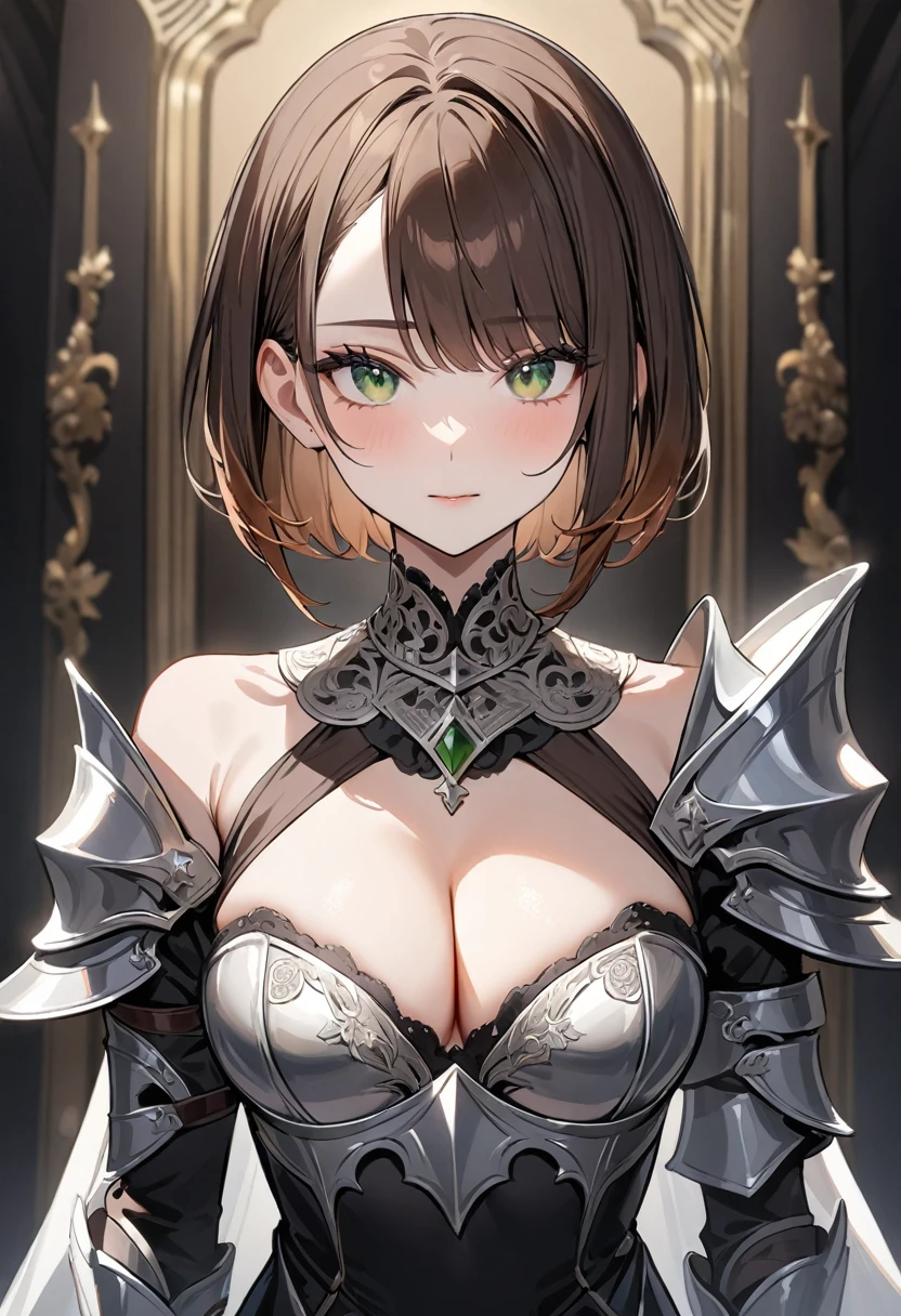 (masterpiece, top quality, very aesthetic, 4k、illustration), ()、intricate detail, 1woman,solo,contrapposto 、(gradient eyes、tareme)、very short hair、asymmetrical bangs,Fair skin,(upper body)、beautiful women、Cleavage、clear face、(),beautiful face、(gradient hair)、(brown hair)、sidelock ,,green eyes、Knight、platearmor、medium breasts、slender 、