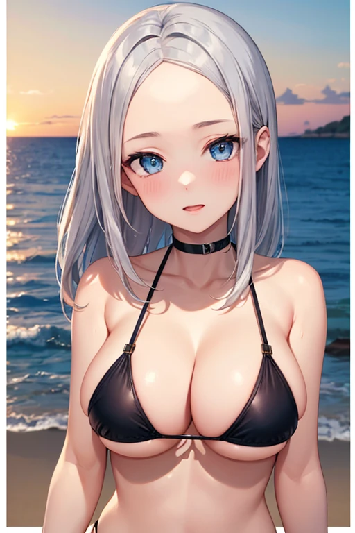 One Woman, Highest quality, masterpiece, Super Resolution, super high quality, Large Breasts, Idol, Beauty, ((From the front 1.2)), Cleavage, 8k, High resolution eyes, High-resolution contours, ((Forehead visible 1.3)), Stylish, High-resolution pupils, blush,  High resolution face, High resolution breasts, Ultra HD, Open your mouth, Upper Body, High resolution mouth, Sexy body, ((coolな顔1.2)), ((Hanging 1.2)), Broken bangs, Blue Eyes, model, Mature Woman, Adult women, Beautiful clavicle, High resolution hair, Mother, maternal,  Married Woman, couple, super beautiful, Charm, Alluring, Silver Hair, Textured skin, Textured Breasts, Micro Bikini, Underboob, Sideboob, Beach, sunset, cool, Adult face, 