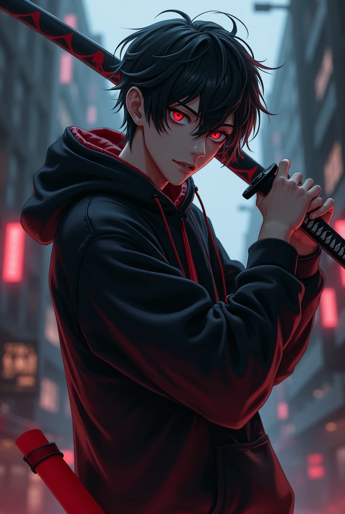 A male character with red eyes, black hair tossed to one side, black sweatshirt with red details and a katana