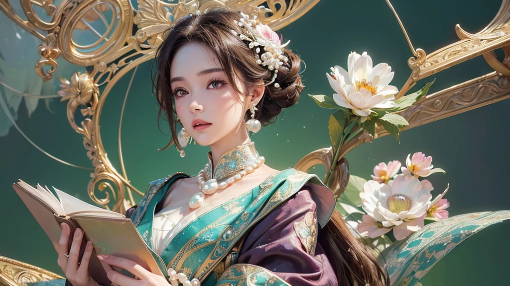 32K, 最高quality, 最高masterpiece, (ultra-Detailed Background, Detailed Background), High resolution, Super detailed, Very detailedな, 1 personの, (bouquet:1.3), (Tangled:1.2), (Geometric:1.2),(colorful),(masterpiece, quality, best quality, Official Art, Beautiful and beautiful:1.2), (1 person:1.3), Very detailed,(colorful:1.1)(Flowers:1.3),Most detailed,(Tangled:1.2), whole body, (Abstract background:1.3), (Skin glows), (Many colors:1.4), ,(Earrings Pearl:1.5), Light green background, It's imaginative., Brunette Hair, Updo, Holding a book, Holding a pen, Satin shirt,