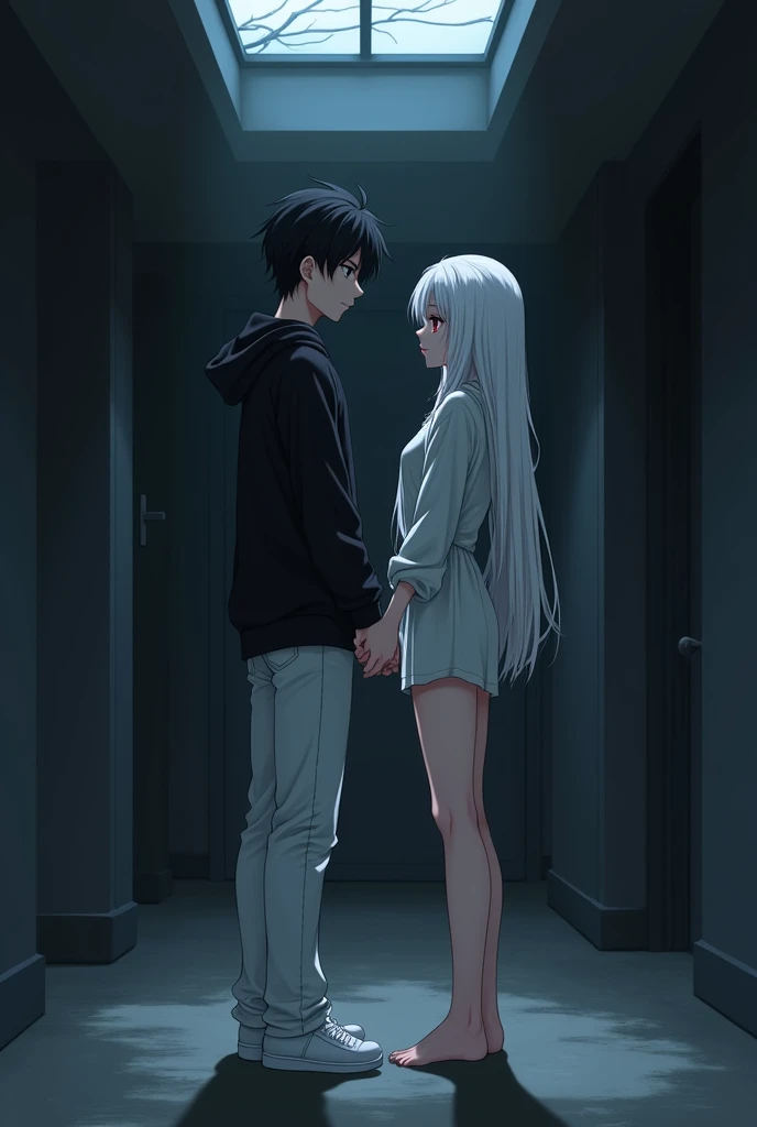 The image is anime style with shadows and dim lights, anime style although somewhat adult and dark, It shows a single adult man of 2 who has black eyes and medium-long black hair as well., who wears an oversized black sweater and white pants with white sneakers. He is holding the hand of a 2 adult albino woman who has red eyes, His feet are bare, She has very beautiful feet and strong legs., Her hair is white and very long and she wears a short dress that reaches her knees.. both, both the man and the woman are adults, They are shown with a determined and serious expression in the middle of a room partially lit by a skylight..