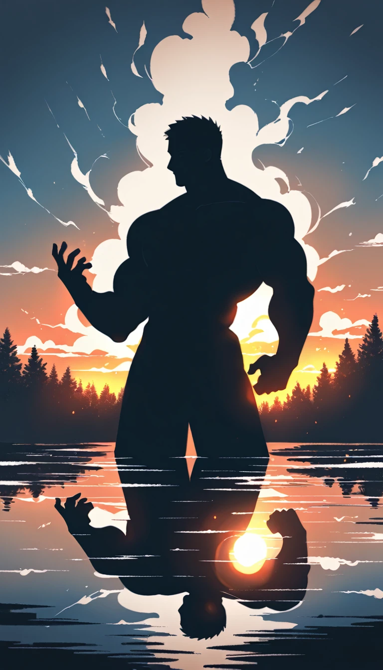 A Strong Buddhist muscular man stands in the smoke, Black jumpsuit, Very tight, Silhouette effect, Tall muscular man, Priapus, Dark Black, Dark black skin, Buzz Cut, His muscles are very developed, Very tall, short hair, Blend into the smoke, Lake, Reflection, Sunset, Sunset, Man silhouette, Chinese, black and white, Simple style