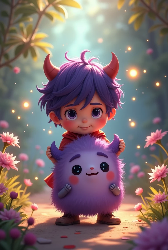 Cute little hero protects cute little purple haired monster