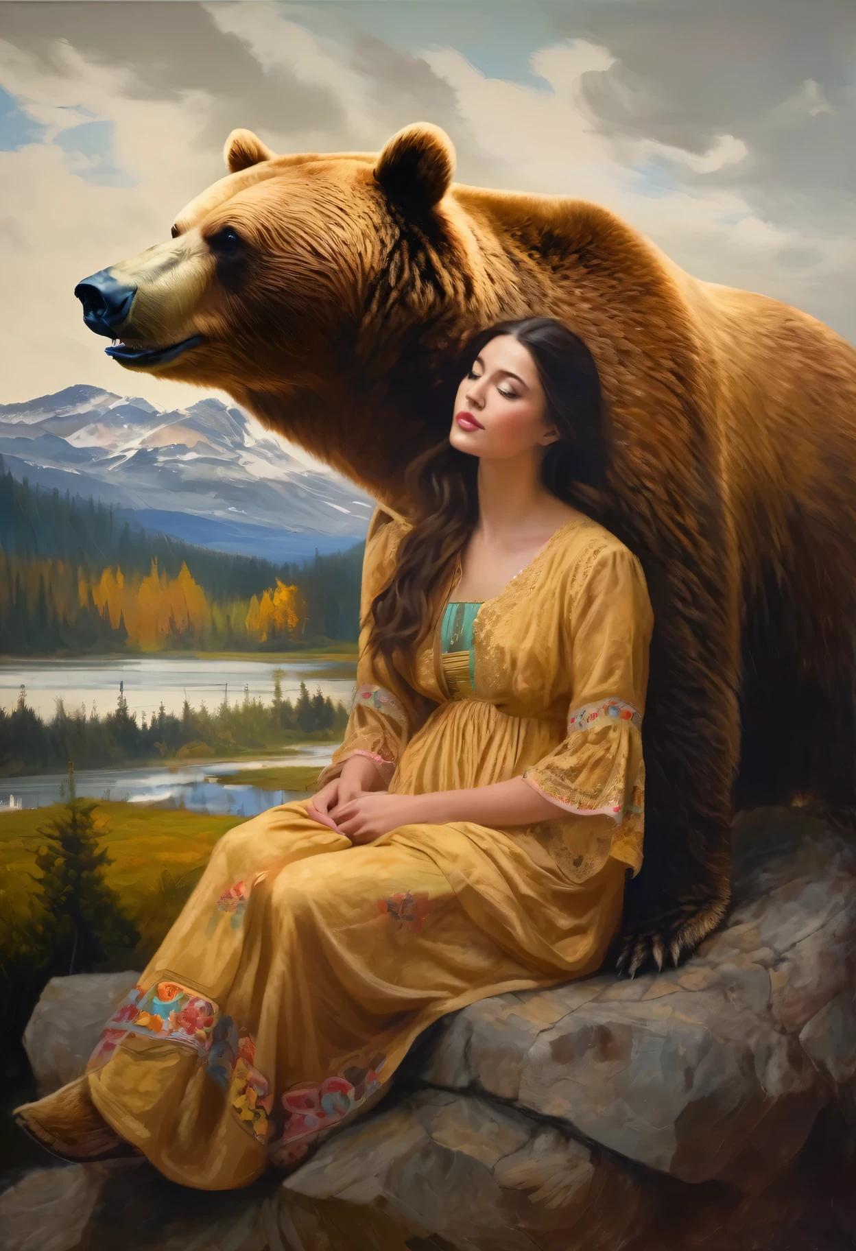 Painting of a beautiful woman in a bear's arms、(Ink drawing on old Japanese paper, Pale painting that bleeds easily)、Dark Side Artistic、(Transparent watercolor) 、( In black and white:1.4)、Masterpiece、Highest quality、