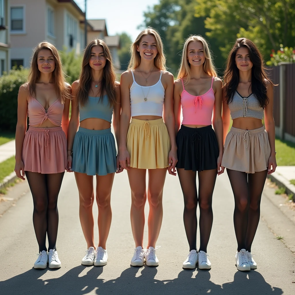 a group of teenanger, show entire bodys, shoes in view, front view, all wearing colorfoul small tight fiiting skirts, all wearing black sheer transparent thin pantyhose, all wearing white converse sneaker, sunny day, staying in neighboorhood, aerial photography, 20 years old, realistic