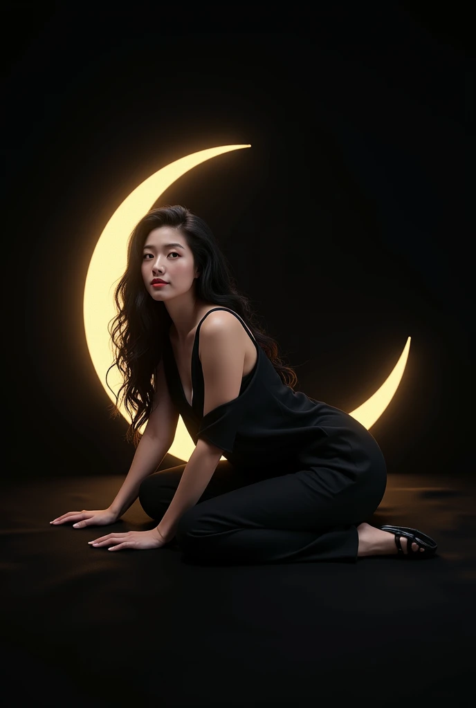 (photorealism:1.2), Asian woman with black wavy hair, wearing black pajamas, black sandals, sitting leaning on the shining crescent moon, plain black background