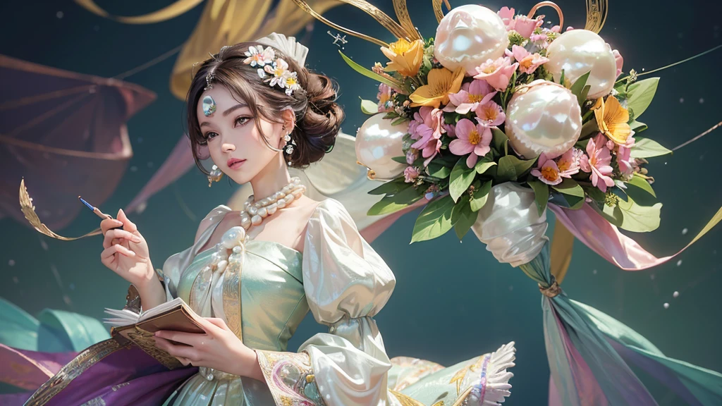 32K, 最高quality, 最高masterpiece, (ultra-Detailed Background, Detailed Background), High resolution, Super detailed, Very detailedな, 1 personの, (bouquet:1.3), (Tangled:1.2), (Geometric:1.2),(colorful),(masterpiece, quality, best quality, Official Art, Beautiful and beautiful:1.2), (1 person:1.3), Very detailed,(colorful:1.1)(Flowers:1.3),Most detailed,(Tangled:1.2), whole body, (Abstract background:1.3), (Skin glows), (Many colors:1.4), ,(Earrings Pearl:1.5), Light green background, It's imaginative., Brunette Hair, Updo, Holding a book, Holding a pen, Satin shirt,