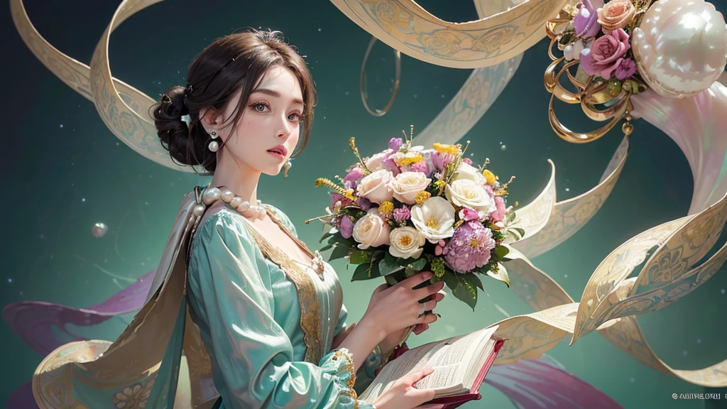 32K, 最高quality, 最高masterpiece, (ultra-Detailed Background, Detailed Background), High resolution, Super detailed, Very detailedな, 1 personの, (bouquet:1.3), (Tangled:1.2), (Geometric:1.2),(colorful),(masterpiece, quality, best quality, Official Art, Beautiful and beautiful:1.2), (1 person:1.3), Very detailed,(colorful:1.1)(Flowers:1.3),Most detailed,(Tangled:1.2), whole body, (Abstract background:1.3), (Skin glows), (Many colors:1.4), ,(Earrings Pearl:1.5), Light green background, It's imaginative., Brunette Hair, Updo, Holding a book, Holding a pen, Satin shirt,