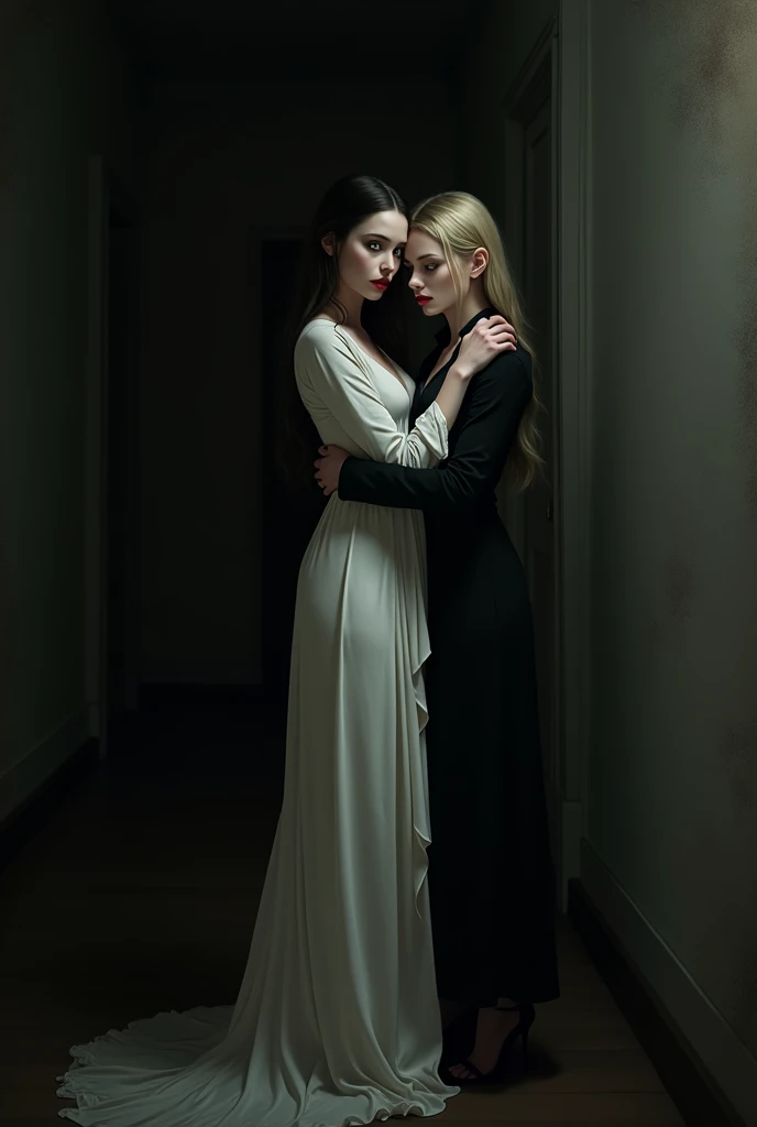 in a room, the lighting is minimal, She has very long black hair, green eyes, fine nose y piel muy pálida; She wears a white silk robe. She is hugged by a blonde-haired woman with pale skin, black eyes, Red lips, fine nose. She wears a long, elegant black coat..