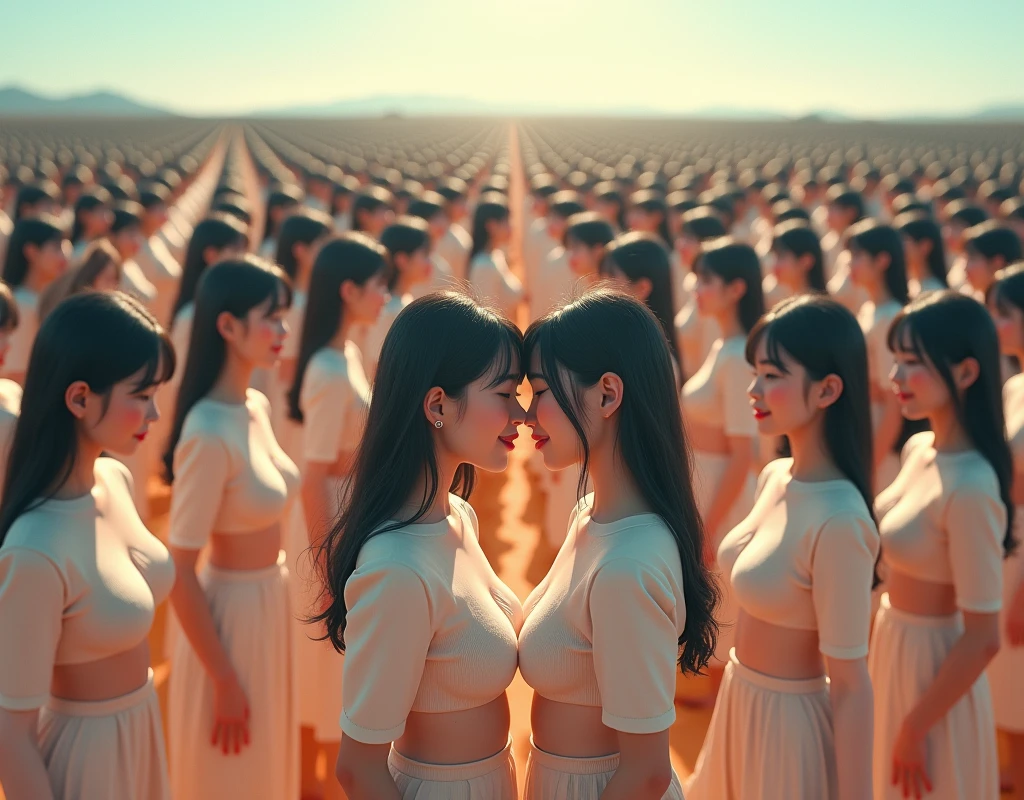 (((((Japanese Clone girls=Myself)))))), (((best masterpiece Clone girls Raw Photography Art))), (16K, Highest quality, Ultra-high resolution, RAW Photos), (((It's so unrealistic., With unparalleled depiction, With an unfathomable sight, An unprecedented and shocking worldview, Clone girls in a world of mass reproduction, Ultra-realistic))), (((Japanese, woman, 24yo, Yoshioka-riho))), (Small face, ((Thick black hair, Semi-long hair))), ((V-neck short-sleeve dress)), (((((Very beautiful detailed girls, Accurate body structure, Very detailed完璧な, Super busty body with very large breasts, Clearly emphasizes cleavage))))), (((Dark Eyes, Mature face, Cute Smile, A gentle gaze))), (((Very happy laughter is beautiful))), ((((((((Very detailed分身増殖描写, ((1girl→Myself cloning→1,000,000,000,000,000,000,000,000Myself Clone girls)))))))))), ((((((((Very detailed, The precise depiction of the proliferation of Myself Clone girls, ((With the perfectly identical bodies of Myself clone girls, With the exact same face as the Myself clone girls, With the exact same hairstyle as the Myself clone girls, In the exact same clothes as the girls who are my clones, Perfectly the same height as the Myself clone girls, Super big breasts, just like the Myself clone girls)))))))))), (((Myself clone girls only))), (((Very detailed, Myself clone girls multiplication, 1,000,000,000,000,000,000,000,000Myself Clone girls→100,000,000,000,000,000,000,000,000,000,000,000,000,000,000^1,000,000,000,000,000,000Myself Clone girls))), (((Very detailed描写で, (An embrace between self, Back to Back, Myself clone girls assemble, Fun conversations with fellow Myself clone girls, A fun conversation between Myself clone girls, Myself clone girls kissing each other everywhere, Myself clone girls love each other, Myself clone girls holding hands)))), (((looking at the camera))), (((Unbelievably crowded, Transcendent Myself clone girls intimately, Countless Myself clone girls surround you in 360 degrees))), (Bright and soft sunlight), (((Very wide field of view, Very detailed, Detailed ultra-perspective depiction with clear depth))), (((((Curved slope landscape))))), (((Very photographic and detailed, Myself clone girls are depicted as multiplying infinitely, filling the sky with no gaps and filling the sky with the horizon., Myself clone girls are endless and have a fun atmosphere))), (Focus on the average value of the image)