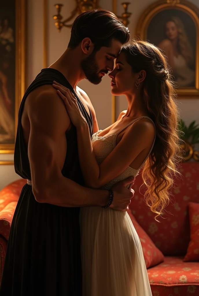 Handsom meen and butiful princes, they walk to the room to gether, they are in the room ,the men take off his clothes, they are kiss to gether