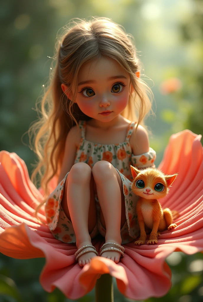 A young girl sat on a giant flower. Beside her was a small magical creature, its large eyes shimmering with wisdom as it watched her closely.