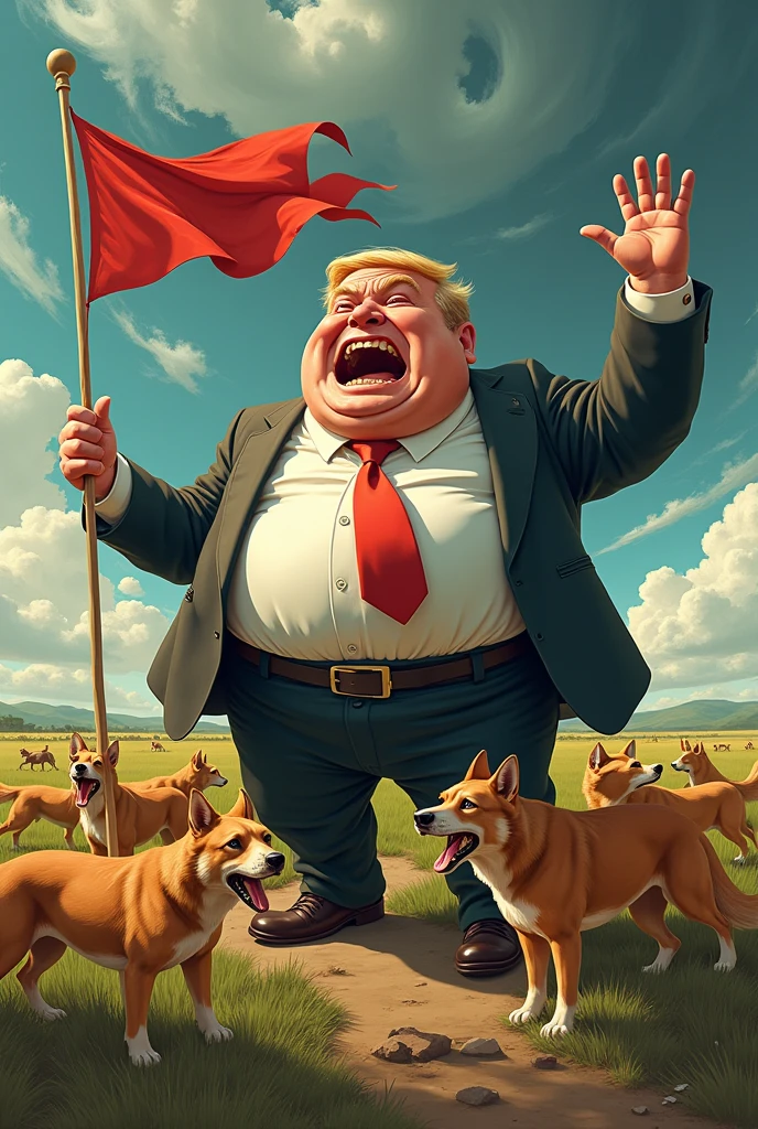 A 4k illustration of fat caricature Ruling party "CCM" flag with Surrounded by scavenges Dingo with wring above it Dog of all war from Azania to Kigoma with beautiful greenish Serengeti terrain background