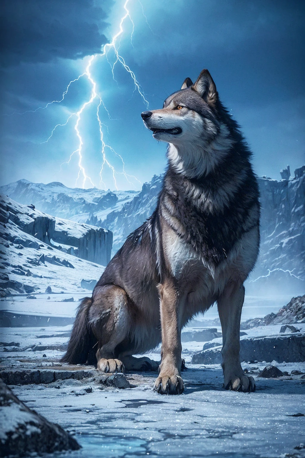 ((Top Quality)), ((Masterpiece)), ((Details)), blue sky, at noon, strong reflections, bright shade, A desolate, icy landscape with ruins tered across the terrain. A wolf stands in the midst, howling as a powerful lightning bolt strikes the ground, illuminating the scene with a cold, electric light., More Saturation