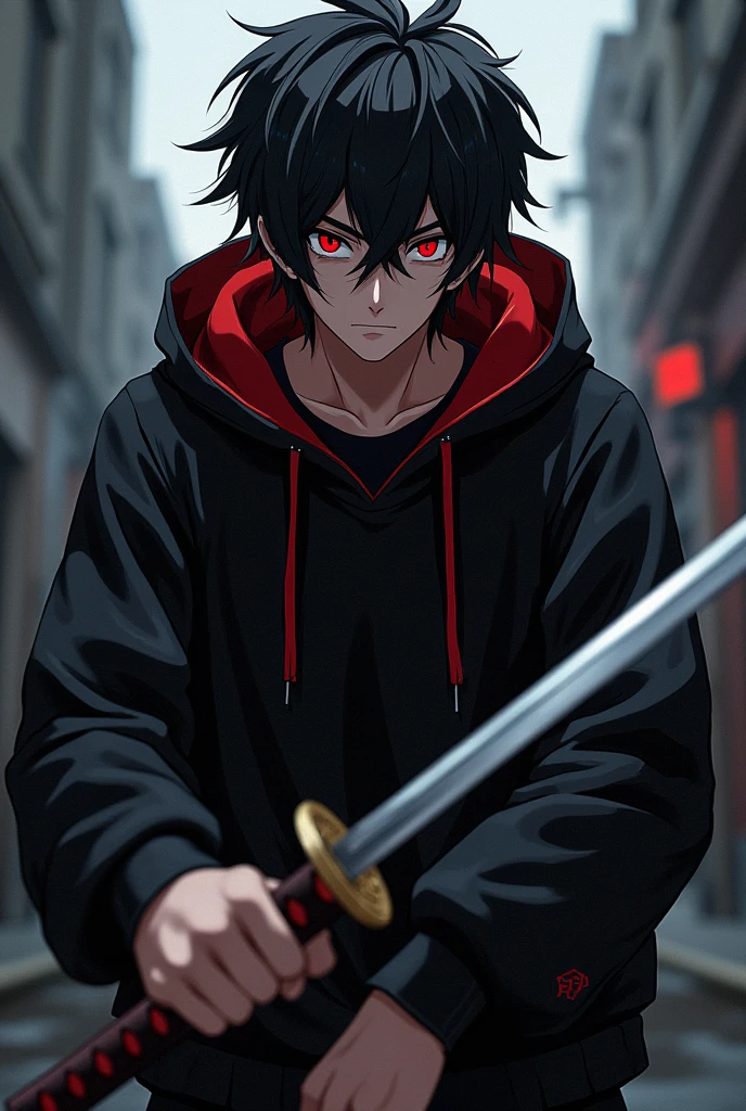 A male character with red eyes, black hair tossed to one side, black sweatshirt with red details and a katana