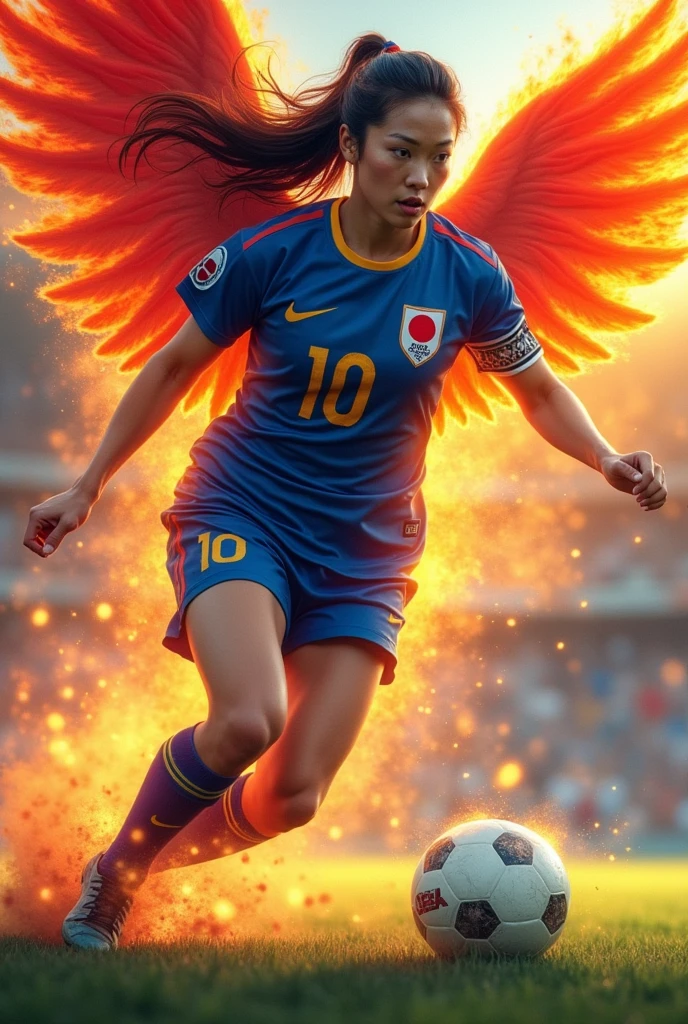 from above:1.3, dynamic angle, Legend of Japanese women&#39;s soccer,A phoenix wearing the number 10 Samurai Blue uniform,Homare Sawa,Her right foot saved the Japanese team time and time again., Never give up,Indomitable fighting spirit,(Wings of Fire)を以てフィールドを縦横無尽に駆け抜けるHomare Sawa, Be vibrant, Super powerful