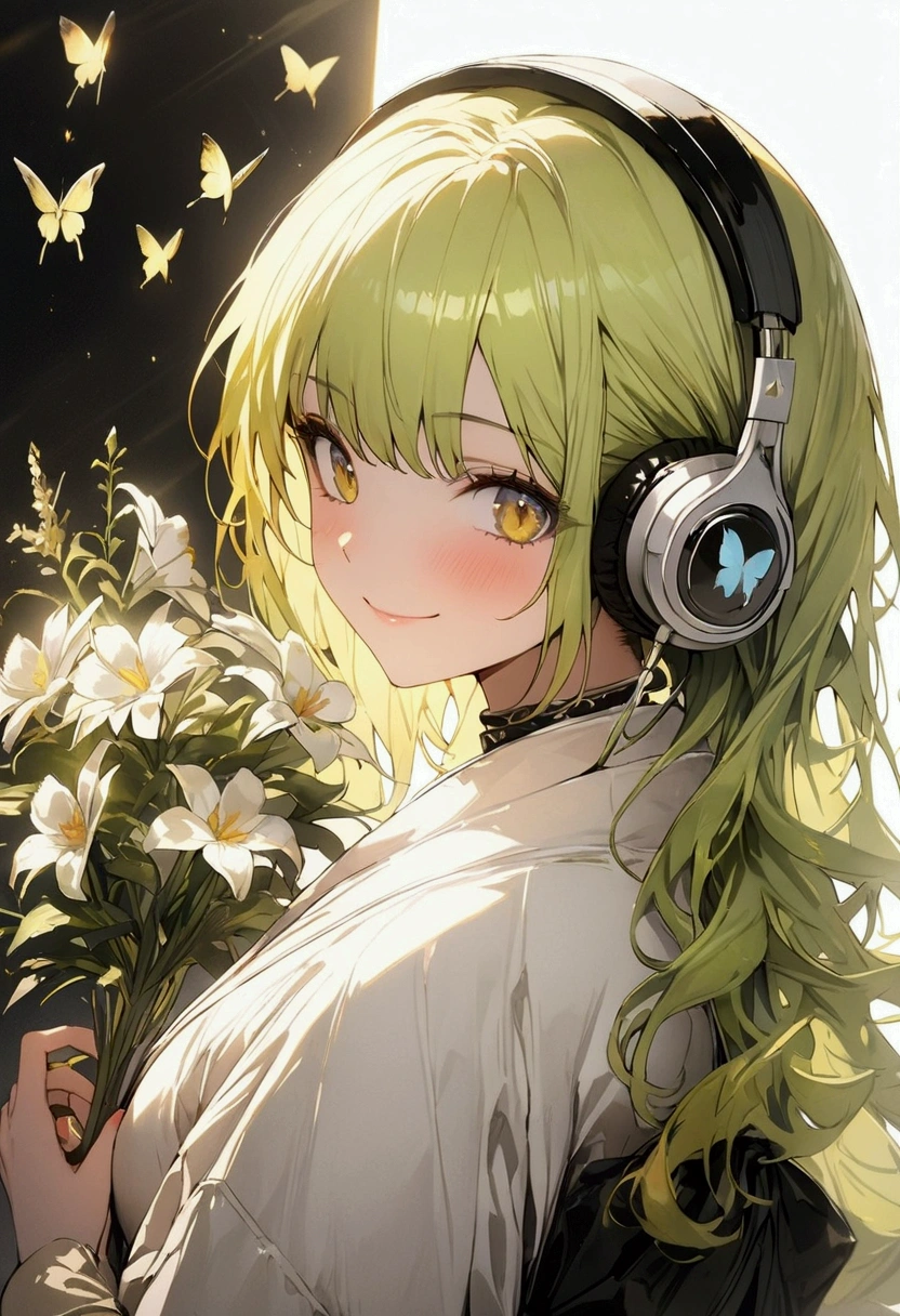 Yellow-green hair color,woman,Flower,butterfly, Cinema Lighting, (masterpiece:1.2), 最high quality, high quality, High resolution, (Super detailed), Detailed Background, One person,headphone,smile,