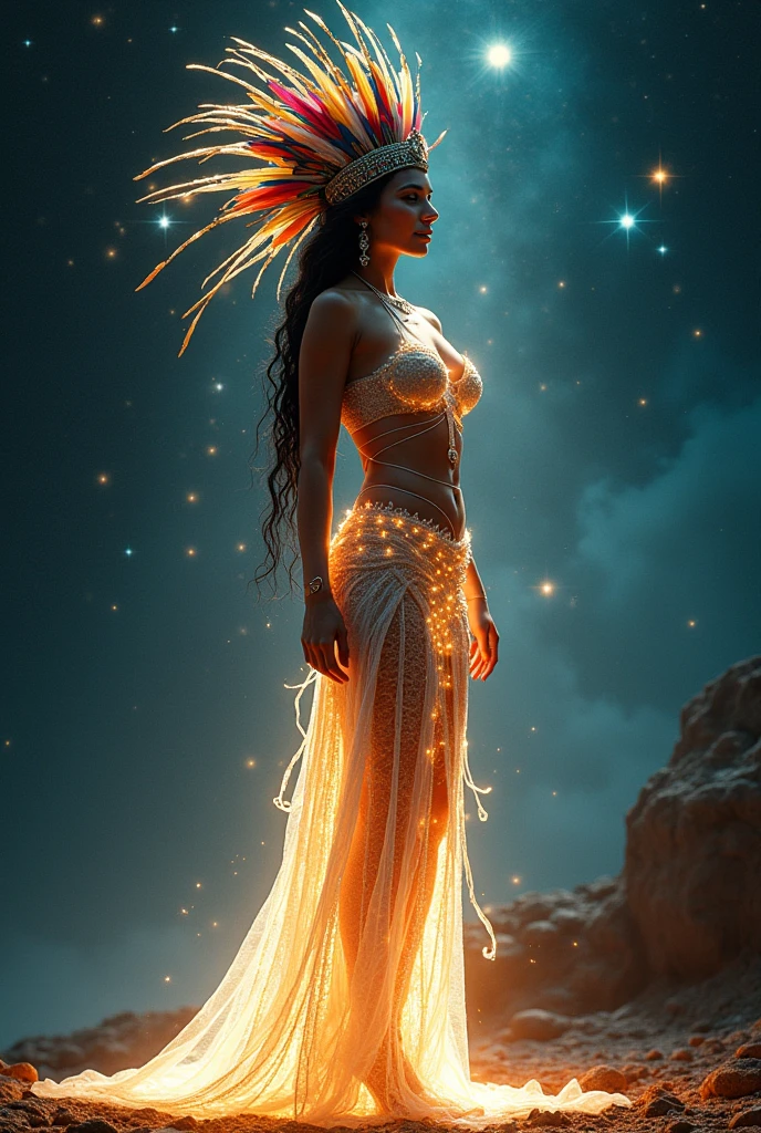 Mexican Woman, full body, facing forward, smiling, made of interstellar beams of light, light beams, stars, interconnectedness, night sky, covered chest, covered private areas, naked, big tiits, thin waist, senssual body, seexy woman, best quality quality, ight beams between distant stars, anger, rage, Da Vinci, dressed in feathers, multicolor head crown, full body shot, 36k