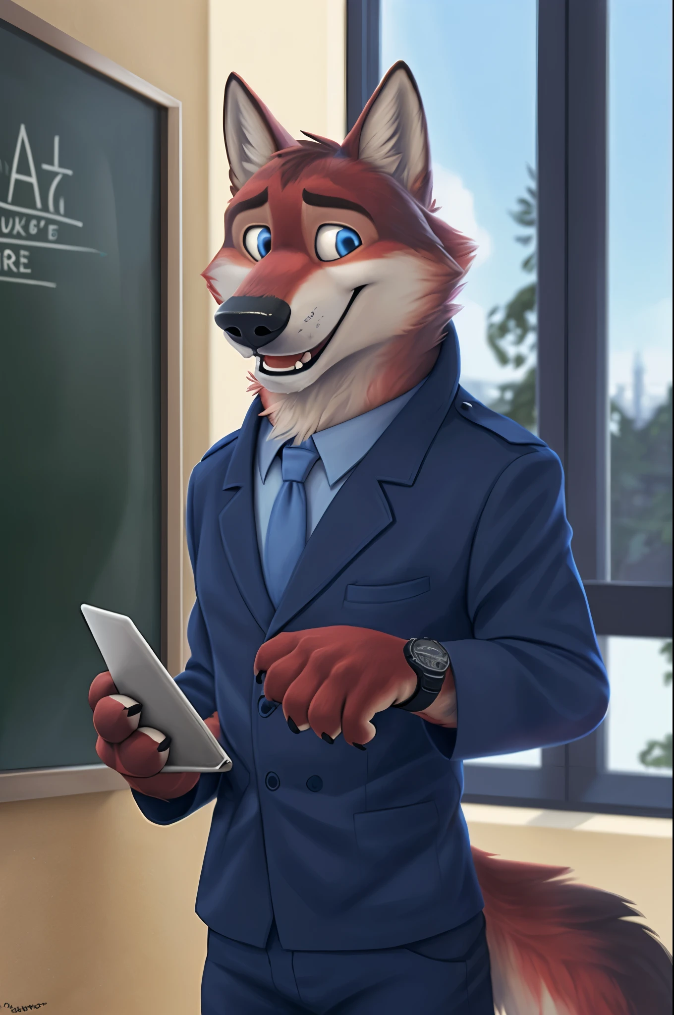 Joachim Wolfbach (Zootopia),tall handsome, wolf,young, 24 years, brown fur,(red body:1.3),Blue eyes, Moscow Dressed jacket, shirt,green bow tie,trousers, canine, wolf, detailed fur, Male, second, paw pads, finger claws,Holding a laptop in his hands, At the viewer, 5 fingers, paws, 5 fingers, smile, happy, resting, wrist watch, т nextel, сижу cabinetе, Class, school, by xenoforge, (difficult, high detail, film photography, soft focus, RAW, pilot in training,smile смех, teacher школы, cabinet, Class,teacher, standing at the blackboard, open mouth, teaches photorealism, realistic, photorealistic, analog style, subsurface scattering,
masterpiece, Best quality, ultra realistic, 8 thousand.)