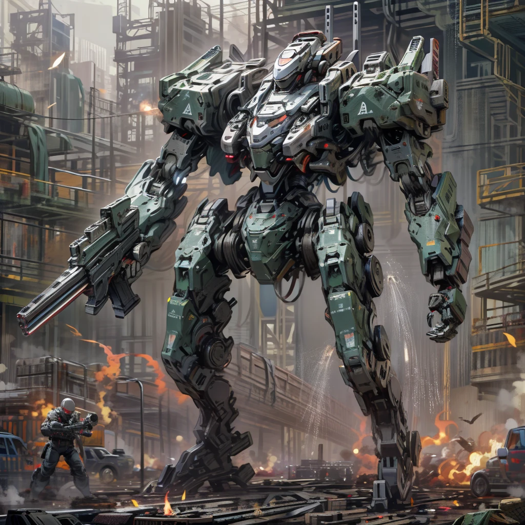 Detailed drawing、8k、High definition、Background blur、State-of-the-art、Armored Core、Futuristic robot weapons、Slender、Gray base with a touch of dark green、The eyes on the head glow red、Lightweight Bipod、The right arm is equipped with a Gatling gun、The left arm is equipped with a pulse gun、Missile pot on shoulder、Afterburner、A flying type of robot、A ruined world、car、戦car、soldier、explosion、Gunfight、cool、inflammation