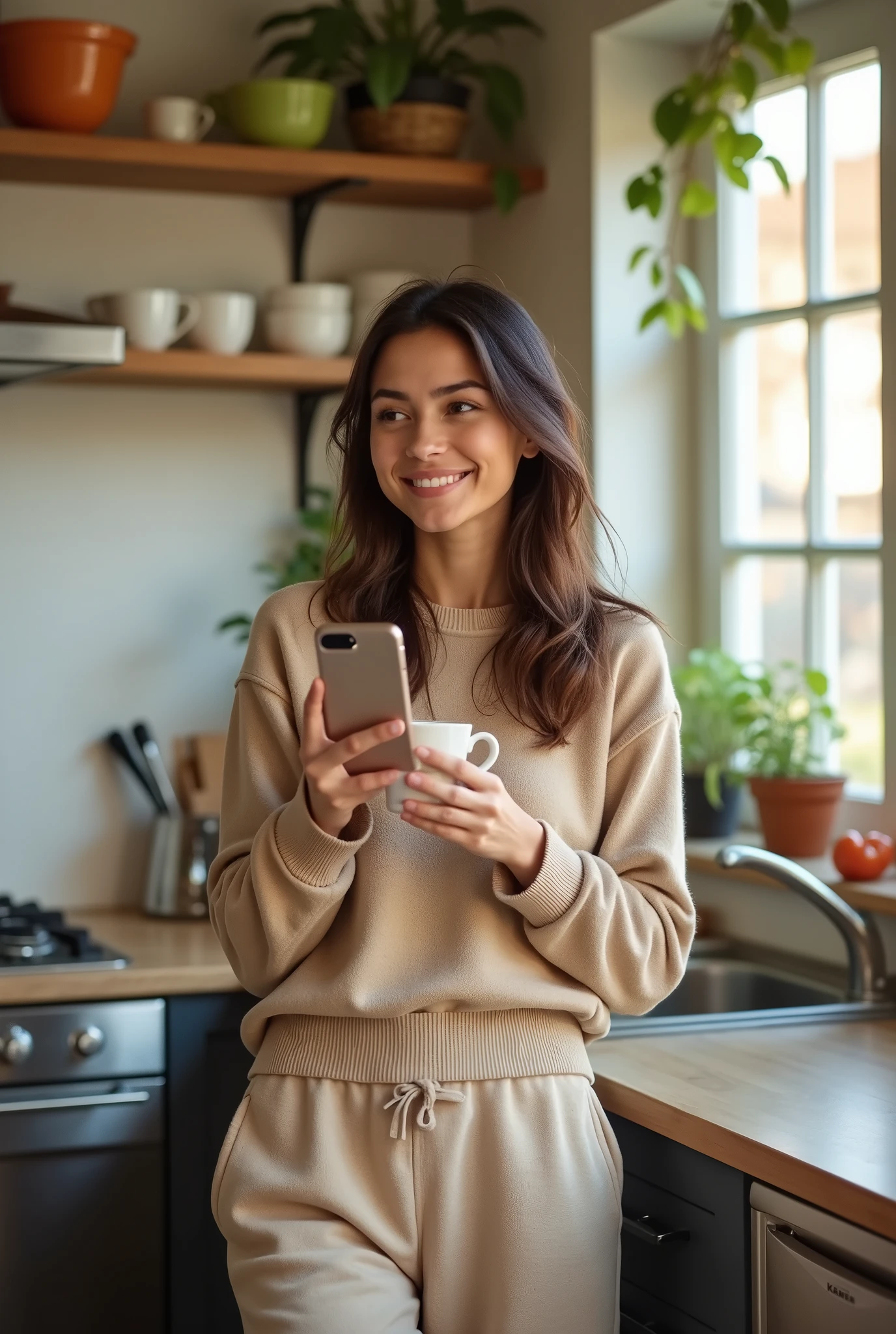 The young brunette woman in her twenties is in a modern and bright kitchen. She is wearing a beige wool sweater and comfortable jogging pants. Her shoulder-length hair is down and slightly messy, as if she had just gotten up. She is standing at a marble counter, holding a cup of coffee in her hand, and looking into the lens of her smartphone with a slight smile. The kitchen is equipped with stainless steel appliances, with open shelves holding colorful mugs and bowls. Hanging plants add a touch of greenery to the background, while morning light streams in through a large window, softly illuminating the room.