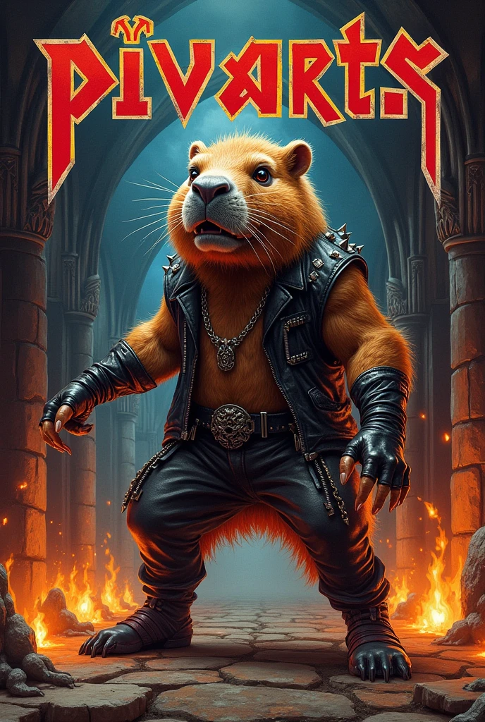 Vinyl album cover featuring the word 'PIVARTS' in bold gothic font, with a fierce capybara in heavy metal attire as the centerpiece, intense airbrushed art style reminiscent of Derek Riggs, dark and dramatic background with flames and gothic architecture, intricate details and vibrant colors capturing the essence of Iron Maiden album covers, heavy metal aesthetics, high contrast, dynamic composition, Eddie-inspired capybara mascot, epic and fantastical imagery, 1980s metal album art influence, powerful and energetic visual narrative by Derek Riggs.