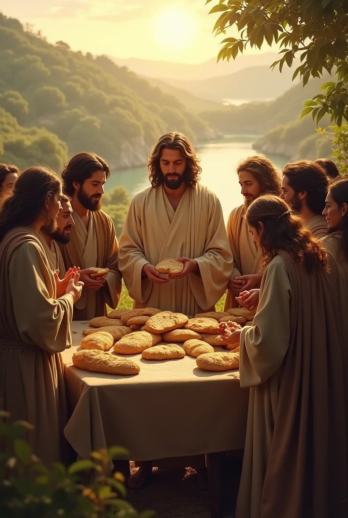 A scene where Jesus gives bread to some people