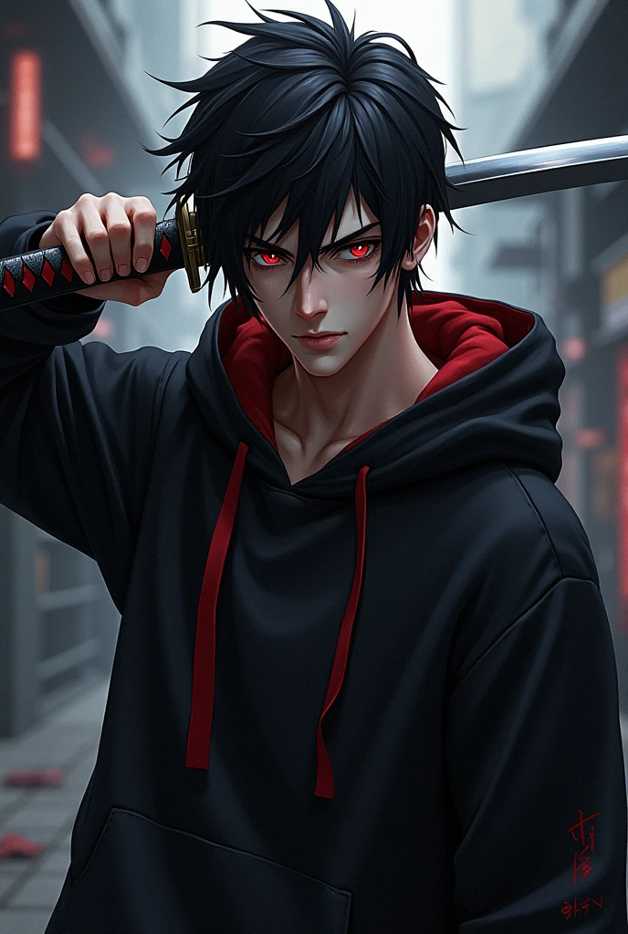 A male character with red eyes, black hair tossed to one side, black sweatshirt with red details and a katana
